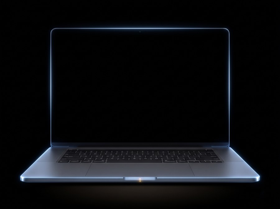 Notebook aberto e completamente apagado, com a tela preta e apenas um LED âmbar aceso na frente