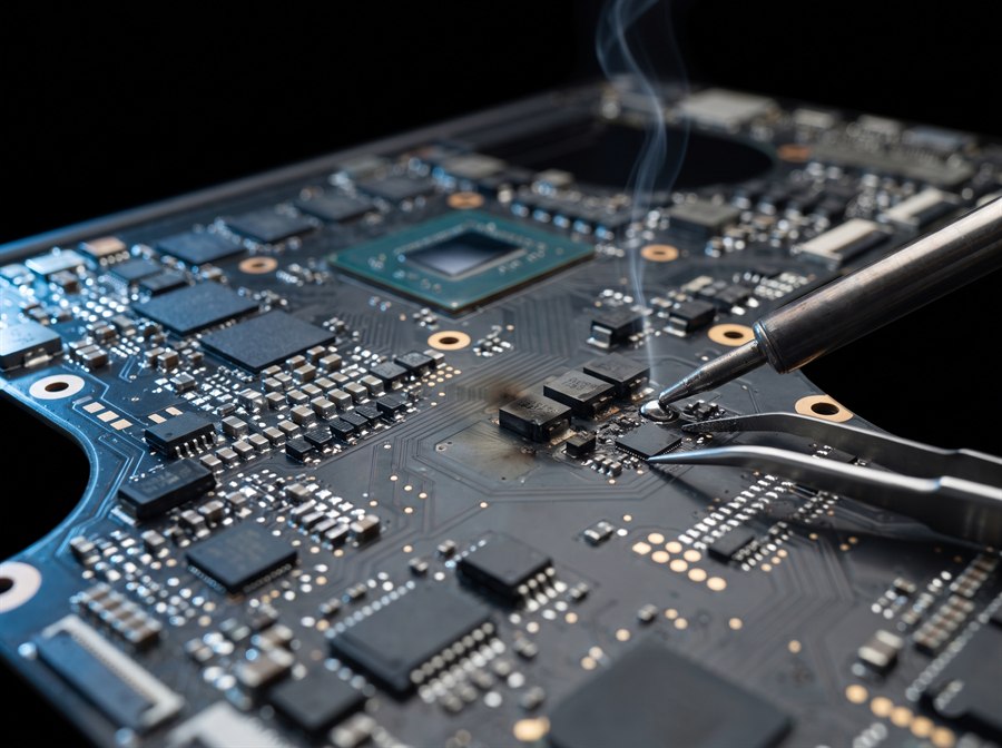 Close-up de uma placa-mãe de notebook em reparo, com ferro de solda e pinça sobre um circuito danificado