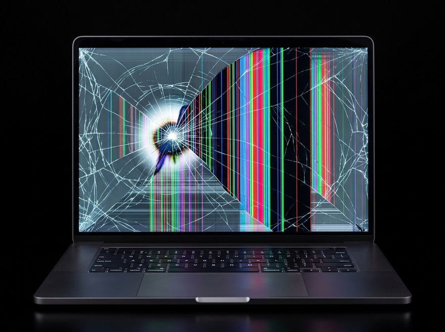 Notebook aberto com a tela trincada, exibindo rachaduras em teia e listras coloridas